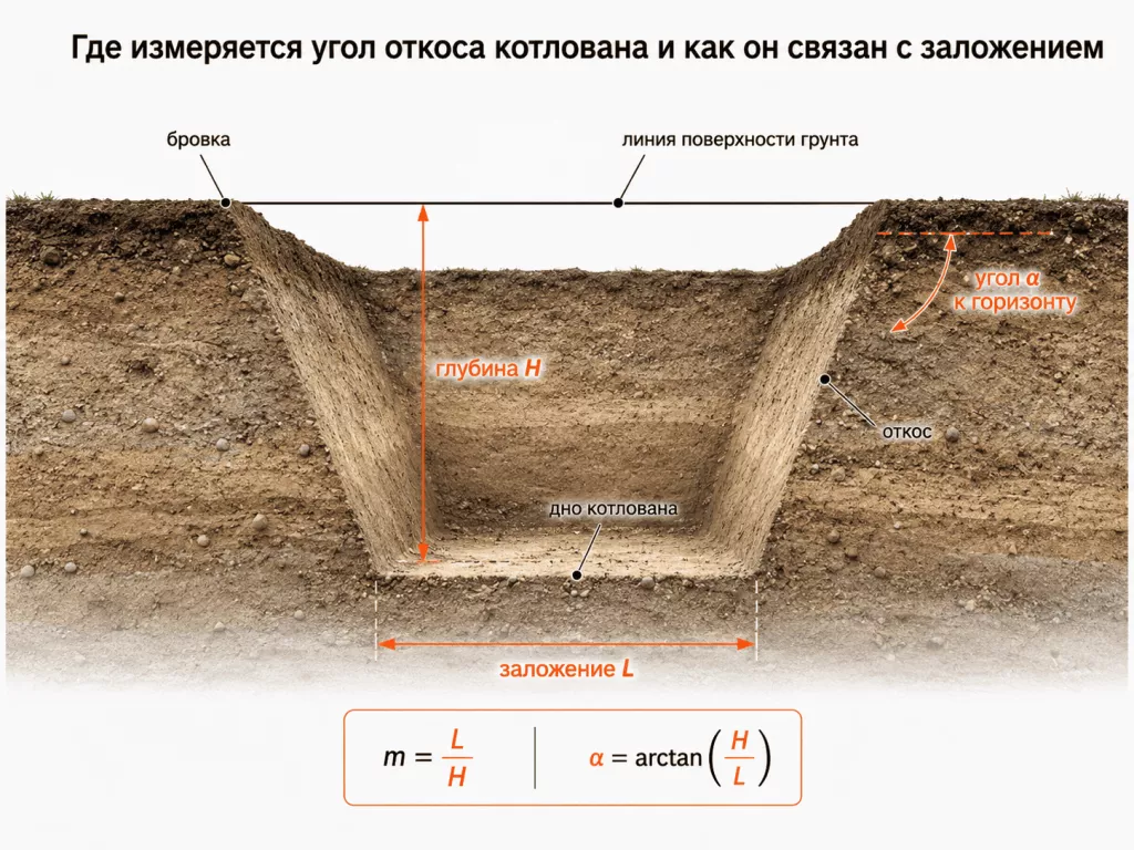 Угол откоса котлована в зависимости от грунта Угол откоса котлована в зависимости от грунта